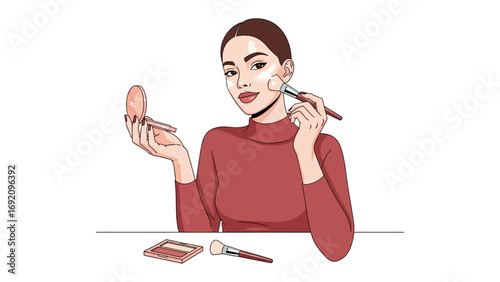 A young woman with dark hair applying makeup with a brush and compact mirror looking in the mirror a makeup palette and brush on the table in front of her