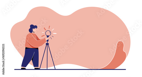 A person with a spotlight or magnifying glass on a tripod, symbolizing discovery, creative ideas, and insightful research. Ideal for business, education, or innovation concepts.