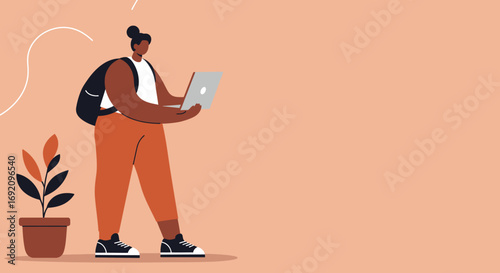 A young person with a backpack uses a laptop, symbolizing remote work, online learning, or digital freelancing. Modern lifestyle.
