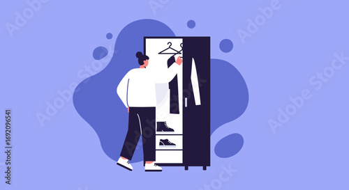 Person selecting clothes from a modern wardrobe, showcasing daily routine, fashion choice, and personal style in a domestic setting.