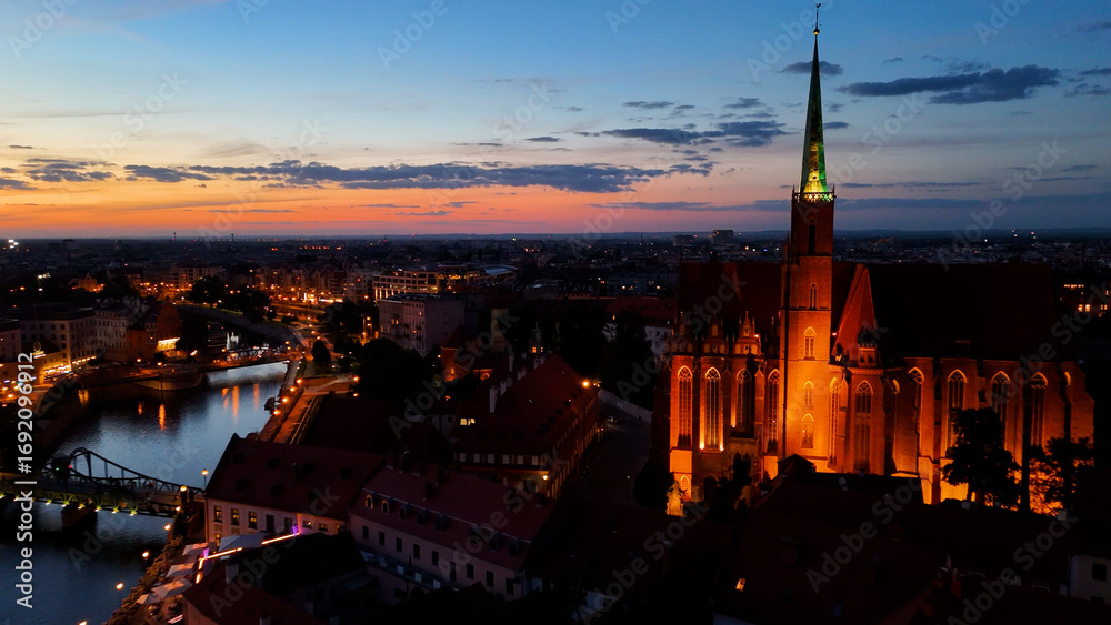Obraz premium old European city city center view from above evening night illumination Wroclaw Poland