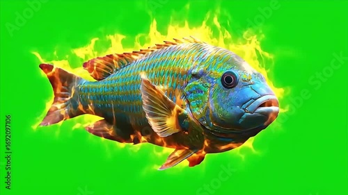 Mystical Fire Fish Animation: A Colorful Aquatic Creature Engulfed in Flames Swims Across a Green Screen