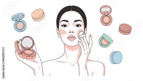 Young woman applying blush with a puff surrounded by colorful cosmetic compacts and macarons illustrating makeup application and beauty products