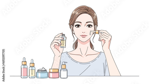 Young woman applying facial serum with dropper from bottle surrounded by various skincare products and cosmetic bottles on a white background