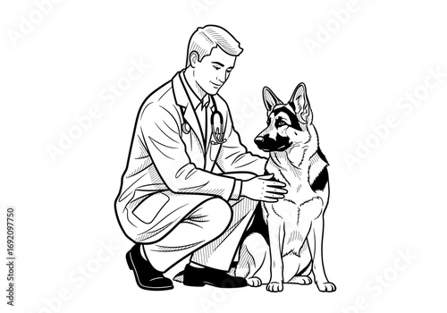 Veterinarian kneeling beside a German Shepherd, providing gentle care and attention in a veterinary setting