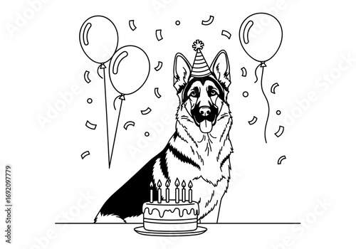 German Shepherd celebrating birthday with a party hat, sitting next to a cake and balloons in a festive atmosphere