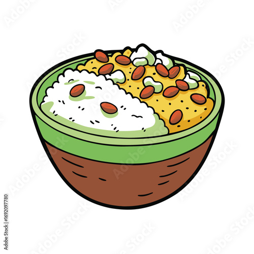 Delicious burrito bowl illustration featuring rice beans meat and fresh toppings