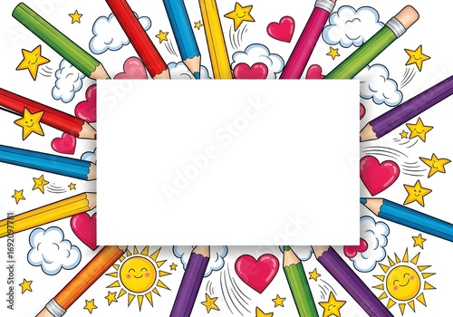 Colorful Cartoon Pencils with Stars, Hearts, and Sun.White Card Background.Fun School Background, Kids School Design.