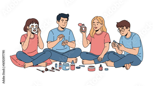 Diverse group of young adults enjoying a relaxing self care beauty routine together applying face masks and skincare products indoors