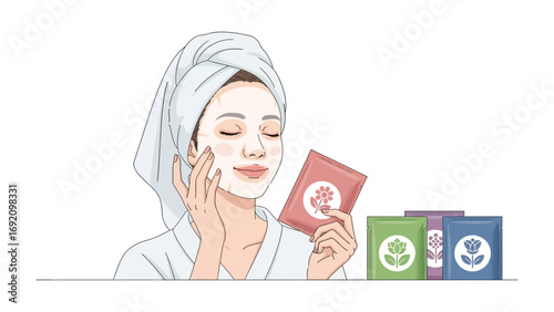 A serene young woman with her eyes closed wearing a white towel on her head and a bathrobe applying a facial mask while holding another mask packet surrounded by several other colorful mask packets