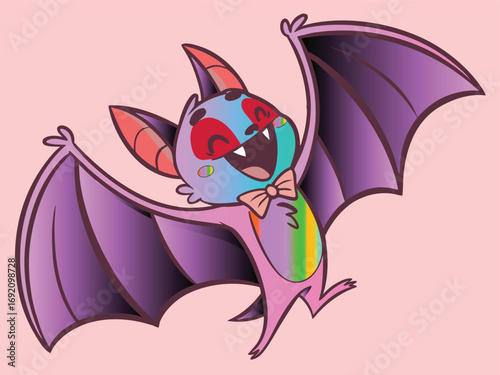Cute cartoon bat with colorful face and bow tie flying