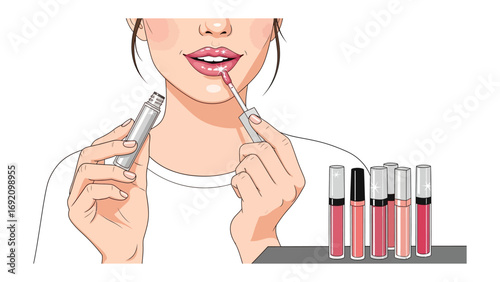 Close up of a woman applying lip gloss with a collection of colorful lip gloss tubes lined up on a surface