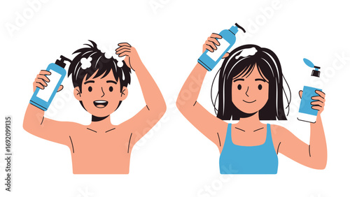 Happy young boy and girl washing their hair with shampoo and conditioner bottles enjoying their personal hygiene routine