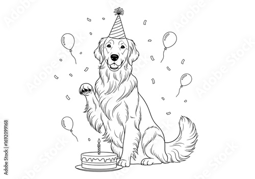 Golden Retriever celebrating birthday with a party hat, waving paw, surrounded by balloons and cake