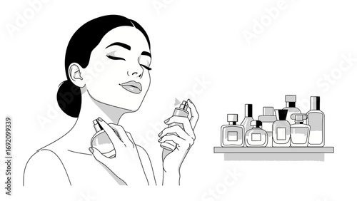Elegant woman applying perfume to her neck with her eyes closed in a moment of sensory pleasure surrounded by various perfume bottles