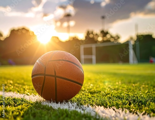 Basketball on grassy field at sunset