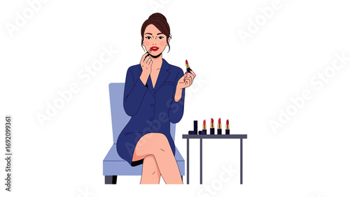 Stylish woman with her hair in a bun applying red lipstick while sitting on a chair with makeup products on a small table nearby