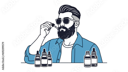Stylish bearded man with sunglasses enjoying vaping with e liquid bottles arranged on a table in a modern illustration style