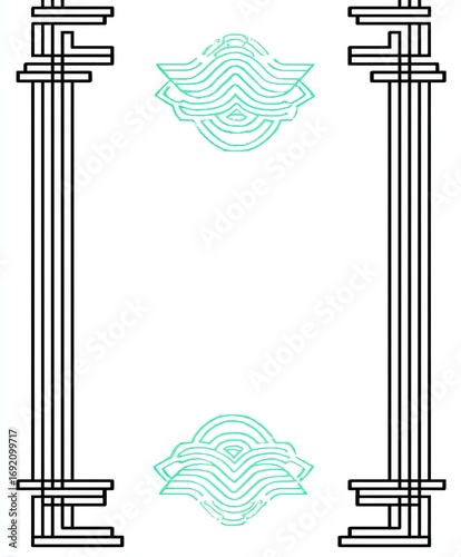 Symmetrical design with teal-green geometric patterns framed by pillars