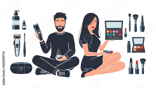 Stylish man and woman sitting cross legged surrounded by an assortment of modern beauty and grooming products for hair and makeup application