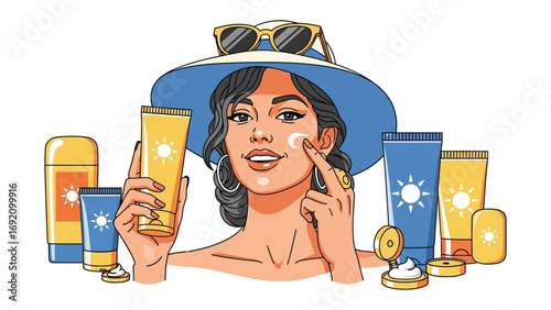 Woman applying sunscreen to her face surrounded by various sun protection products and wearing a wide brimmed hat and sunglasses