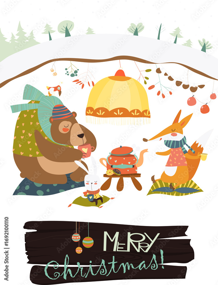 Fototapeta premium Cute bear with rabbit and fox celebrating Christmas in his den. Vector greeting card
