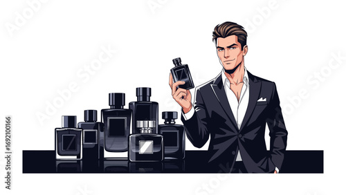 Stylish man in a suit holding a perfume bottle surrounded by a collection of elegant men s fragrance bottles on a reflective surface