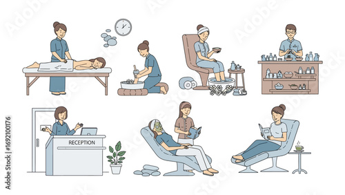 Collection of hand drawn illustrations depicting various beauty and wellness treatments and services offered in a salon or spa environment