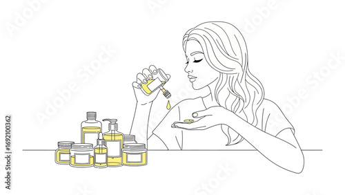 Woman smelling a flower with a collection of cosmetic bottles and jars filled with oils and serums for skincare and beauty treatments