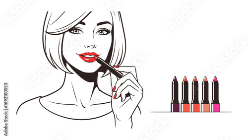 A stylish woman with short hair applying vibrant red lipstick with a makeup pencil surrounded by a collection of colorful lipsticks