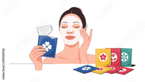 Young woman applying a white facial mask with a blue packet in hand surrounded by colorful skincare product samples and sachets