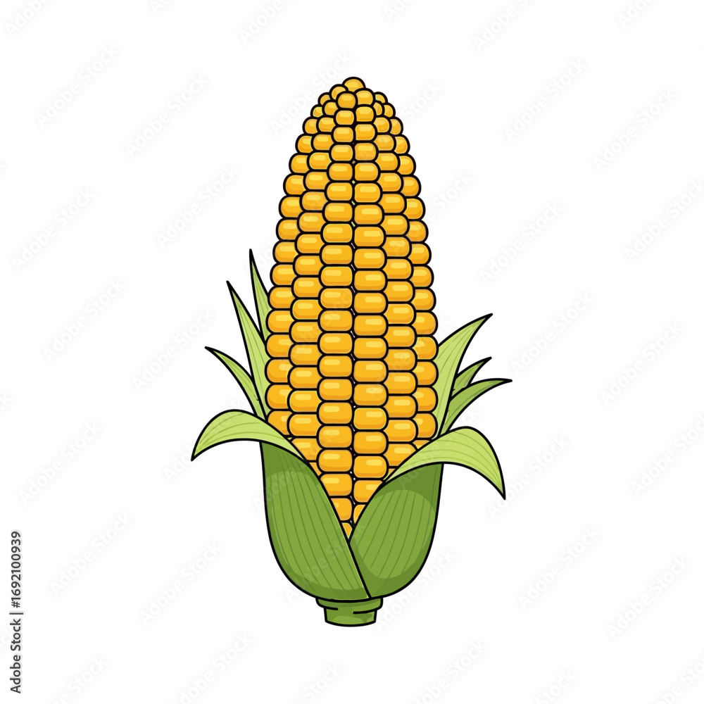 Obraz premium Cartoon Corn on the Cob with Husk Leaves