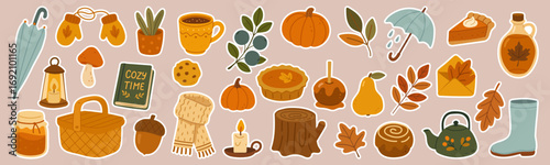 Autumn cozy sticker set with pumpkins tea pie scarf umbrella acorn lantern leaves basket maple syrup mushroom pear fall season cute vector illustration for design print decoration and packaging