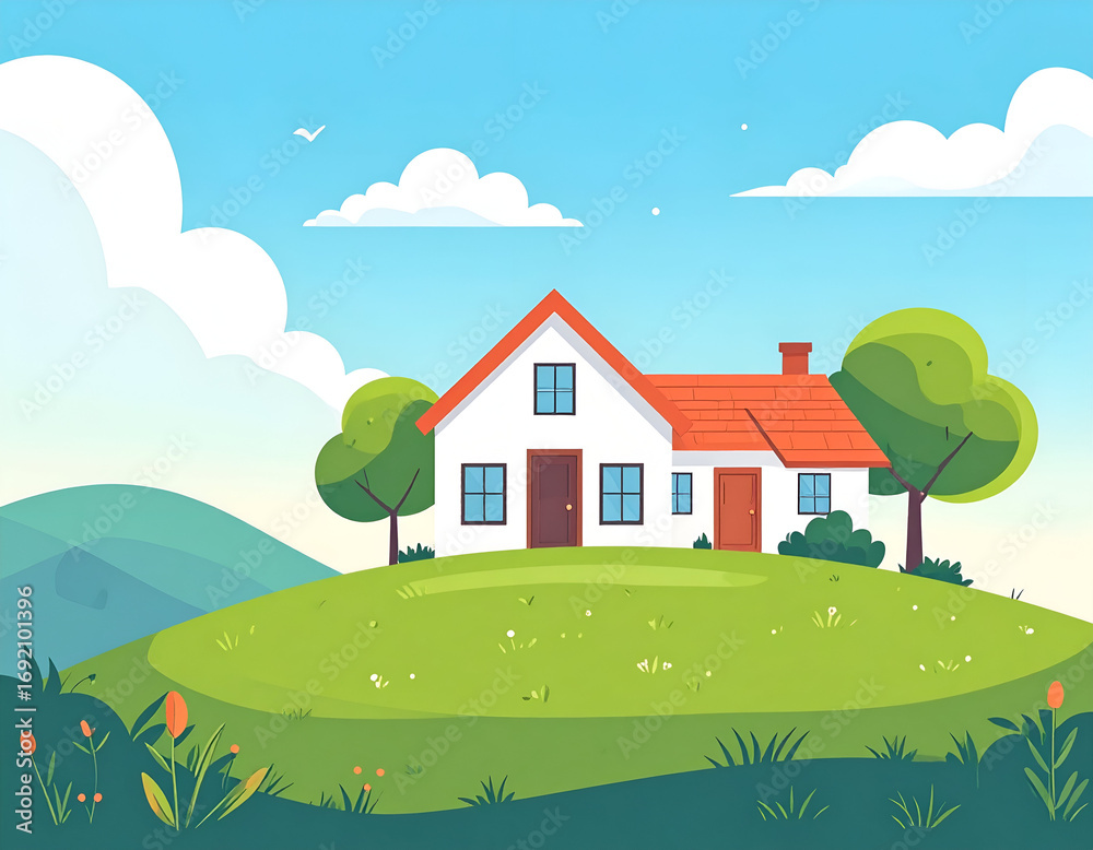 Fototapeta premium Charming Suburban House on a Green Hill