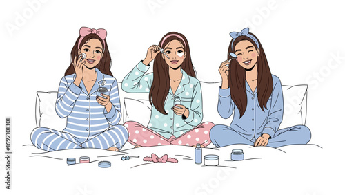 Three young women in cozy pajamas applying skincare products and makeup together during a fun sleepover night