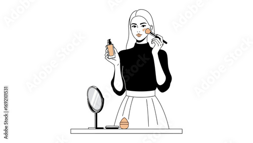Elegant woman applying makeup with a brush and bottle at a vanity table with a mirror and cosmetics in a minimalist line art style