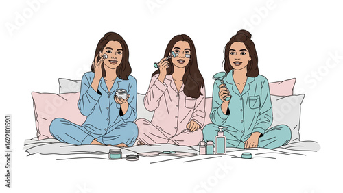 Three young women in pajamas applying facial skincare products and makeup during a fun sleepover or beauty party at home