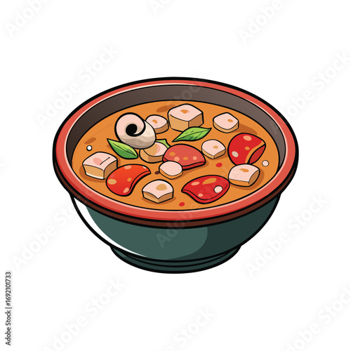 Vibrant illustration of hot and sour soup with mushrooms and tofu presented on a white background