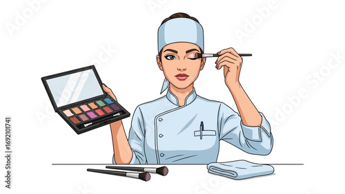 A skilled makeup artist in chef s uniform meticulously applies eyeshadow with a brush holding an open palette and brushes nearby
