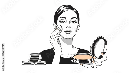 Retro woman applying powder makeup with a puff in a vintage style illustration with compacts and a mirror