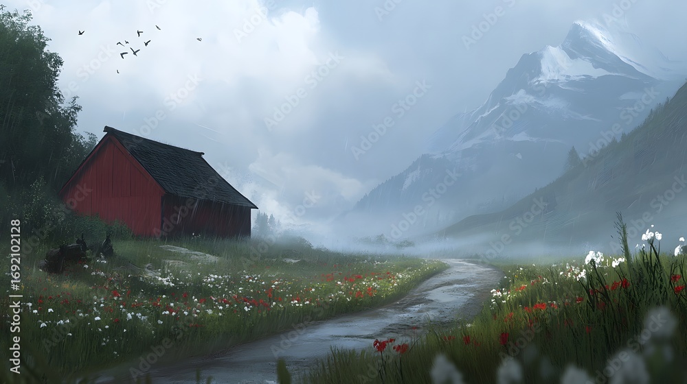 Fototapeta premium A red barn sits in a field of wildflowers next to a misty mountain range mountains