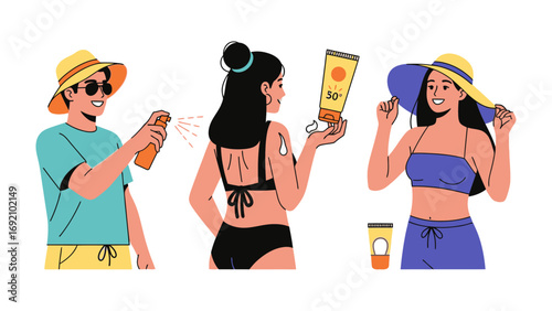 Three diverse young women in summer hats and swimwear applying sunscreen protection from bottles and tubes during a sunny day