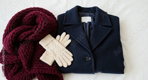 A navy coat beige gloves and a burgundy scarf are placed on a white surface