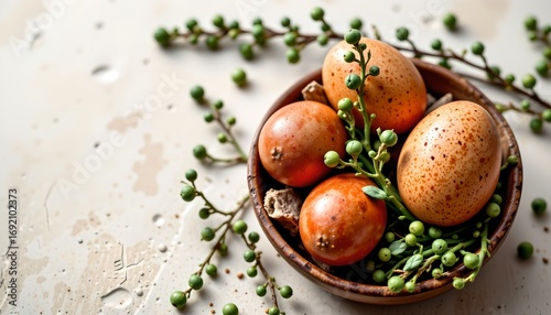 Wallpaper Mural An arrangement of eggs in a wooden bowl with sprouting greenery, positioned on a tabletop against a textured background. Torontodigital.ca