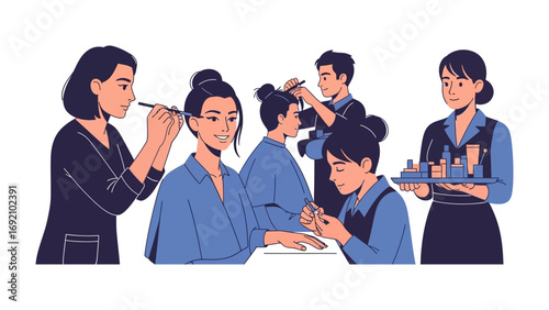 Diverse group of people receiving beauty treatments and services from skilled professionals in a salon setting illustration