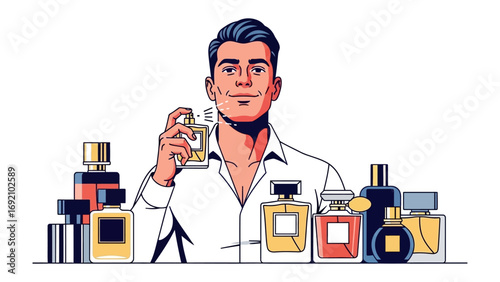 Confident man holding a perfume bottle surrounded by a collection of elegant fragrance bottles representing luxury and personal grooming