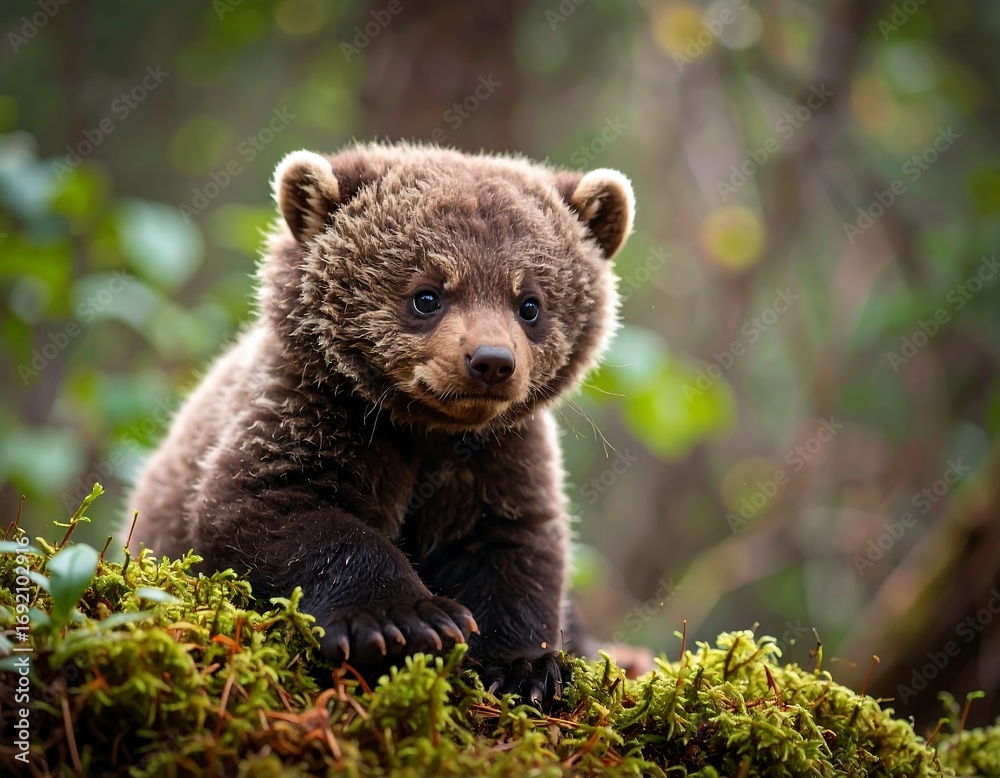 Fototapeta premium Cute brown bear cub in forest