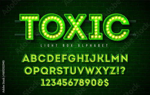 Light Bulb Alphabet with Green Toxic Frame Box and Shadow on Vintage Brick Wall Background. Glowing Retro Vector Font Collection with Shiny Bright Lights. ABC and Number Design for Casino, Night Club