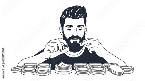 Stylish bearded man with slicked back hair meticulously arranging a pile of casino poker chips in a monochrome line art illustration