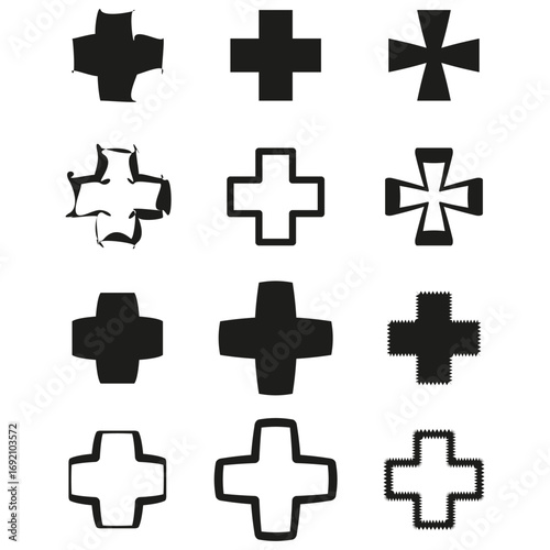 Black cross symbols. Plus sign icons. First aid emblem. Vector medical illustration. EPS 10.